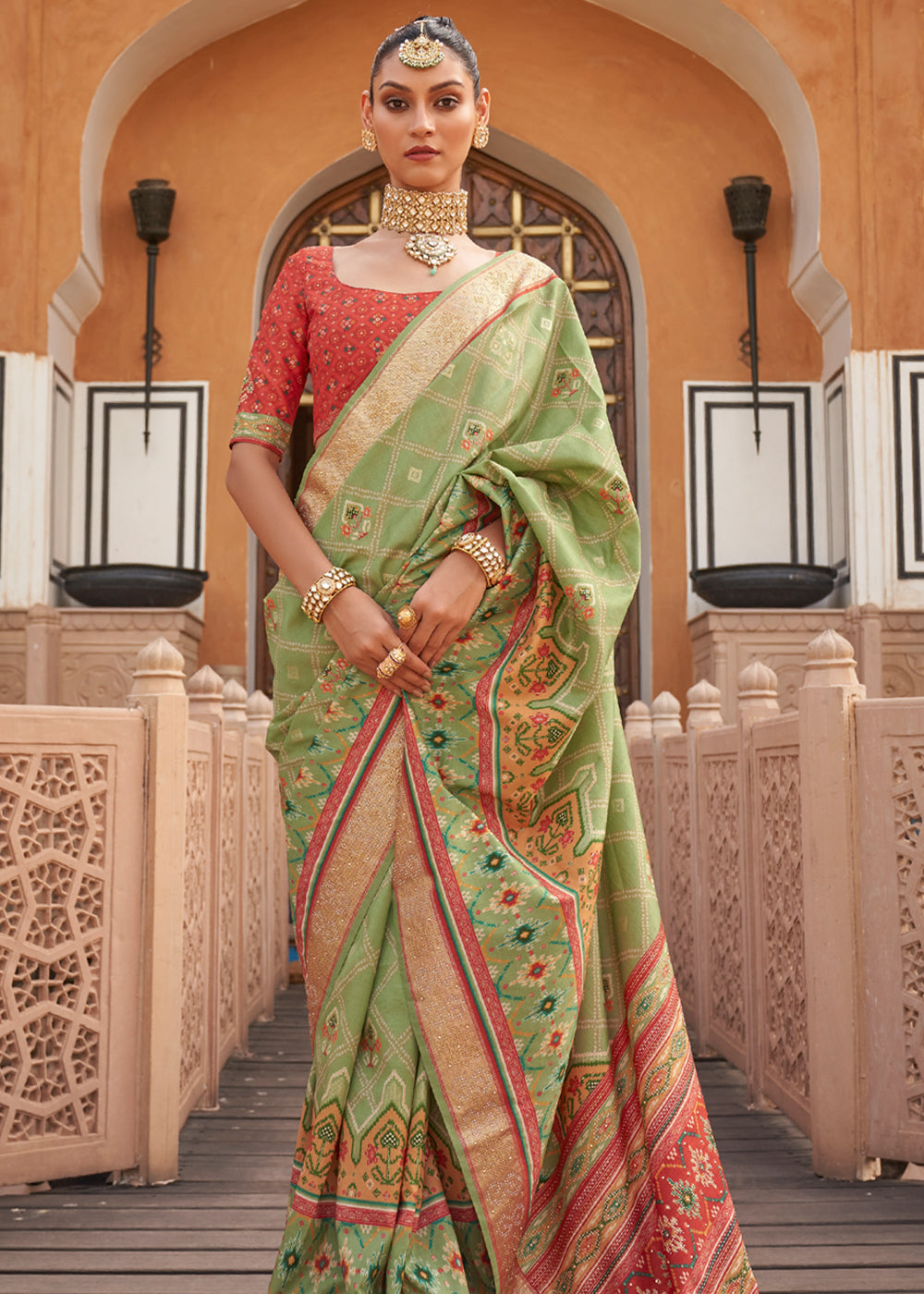Buy MySilkLove Winter Hazel Green Printed Patola Silk Saree Online