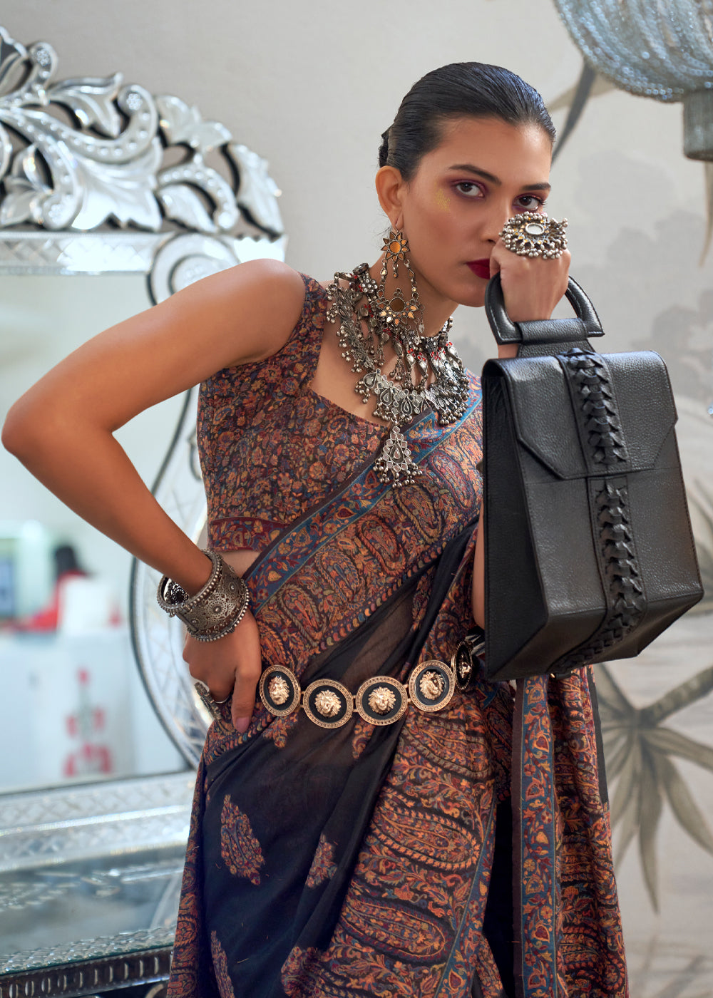 Buy MySilkLove Thunder Black Handloom Pure Kashmiri Jamawar Saree Online