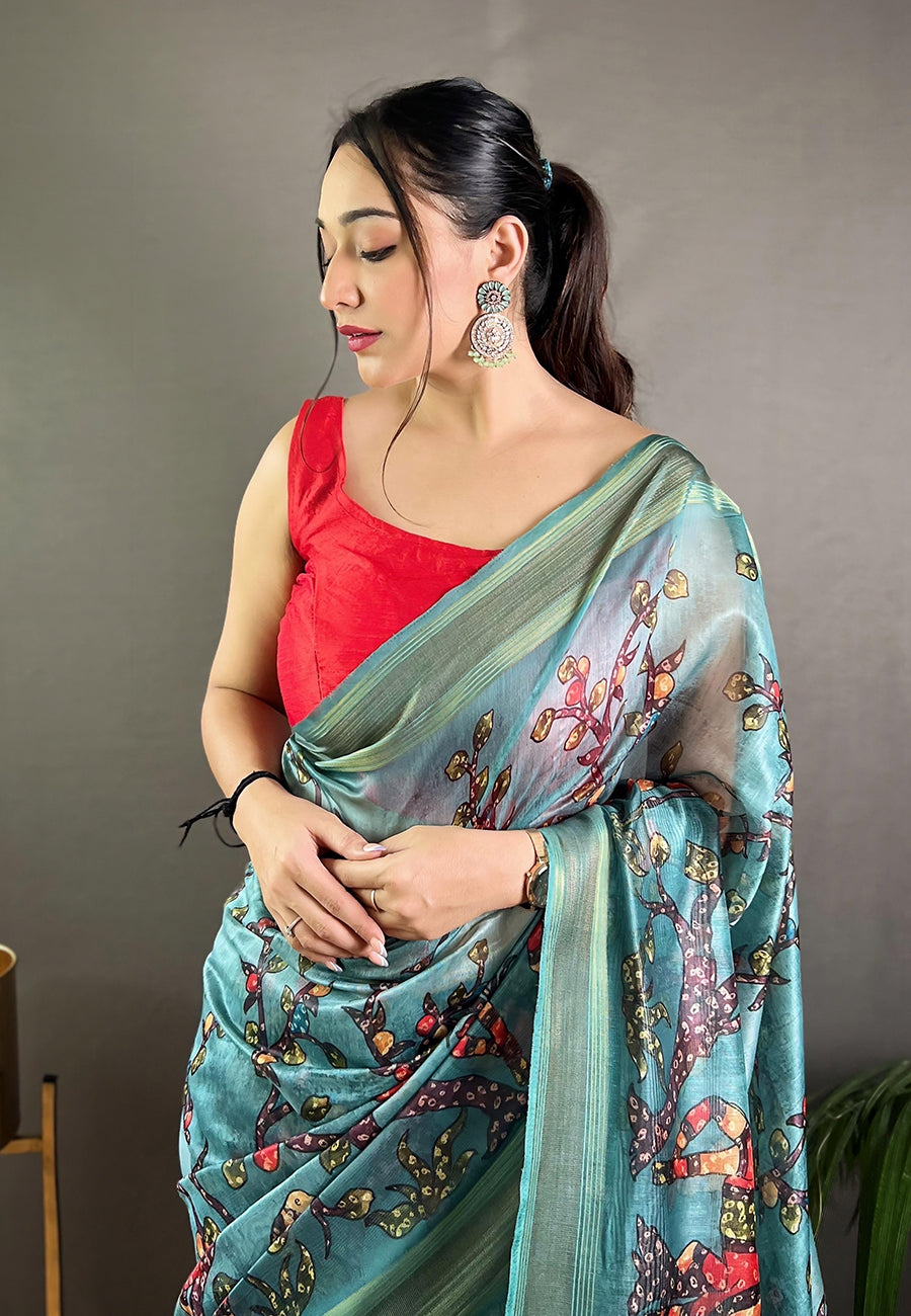 Buy MySilkLove Edgewater Blue Cotton Kalamkari Printed Saree Online