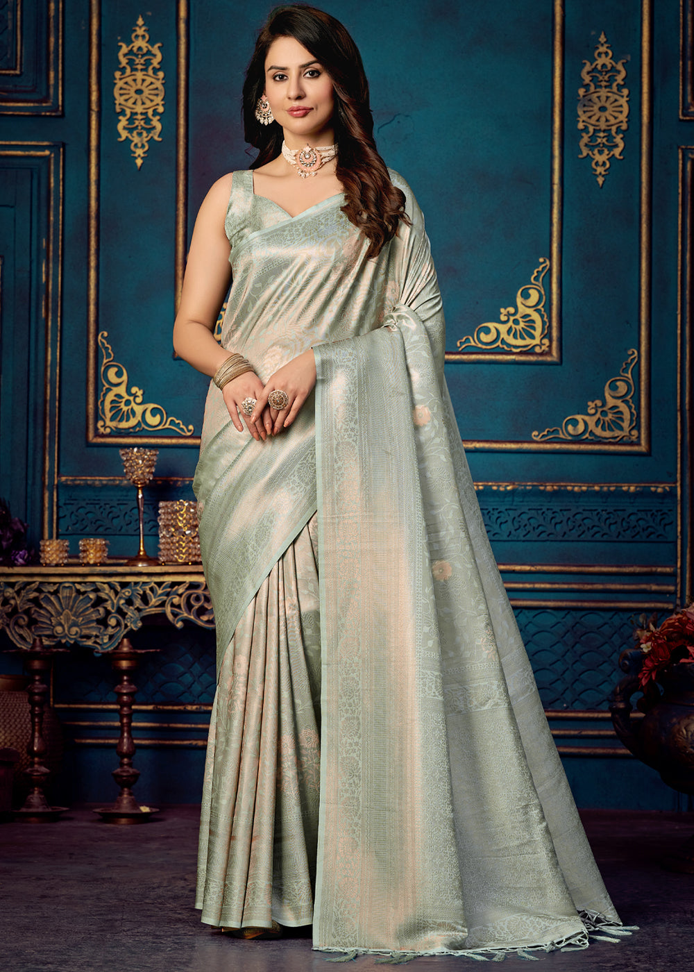 Buy Delta Grey Woven Banarasi Jacquard Silk Saree Online MySilkLove