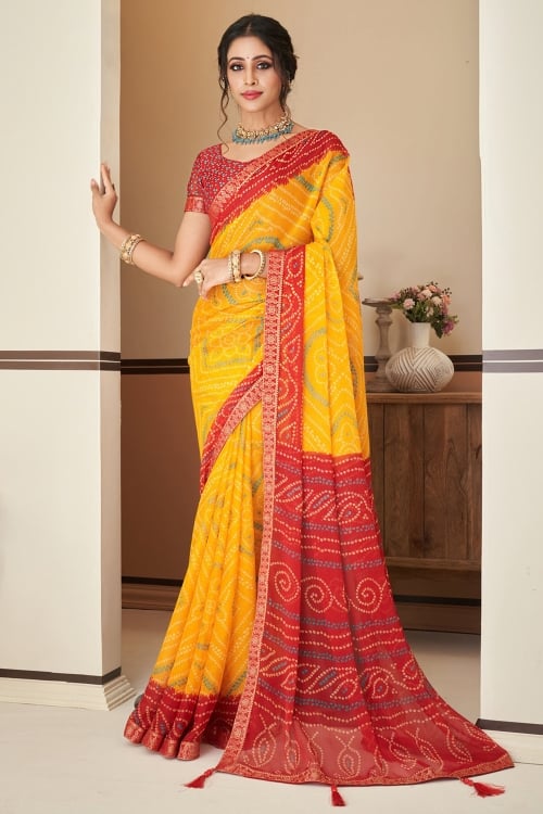 Buy MySilkLove Zest Yellow Chiffon Bandhani saree Online