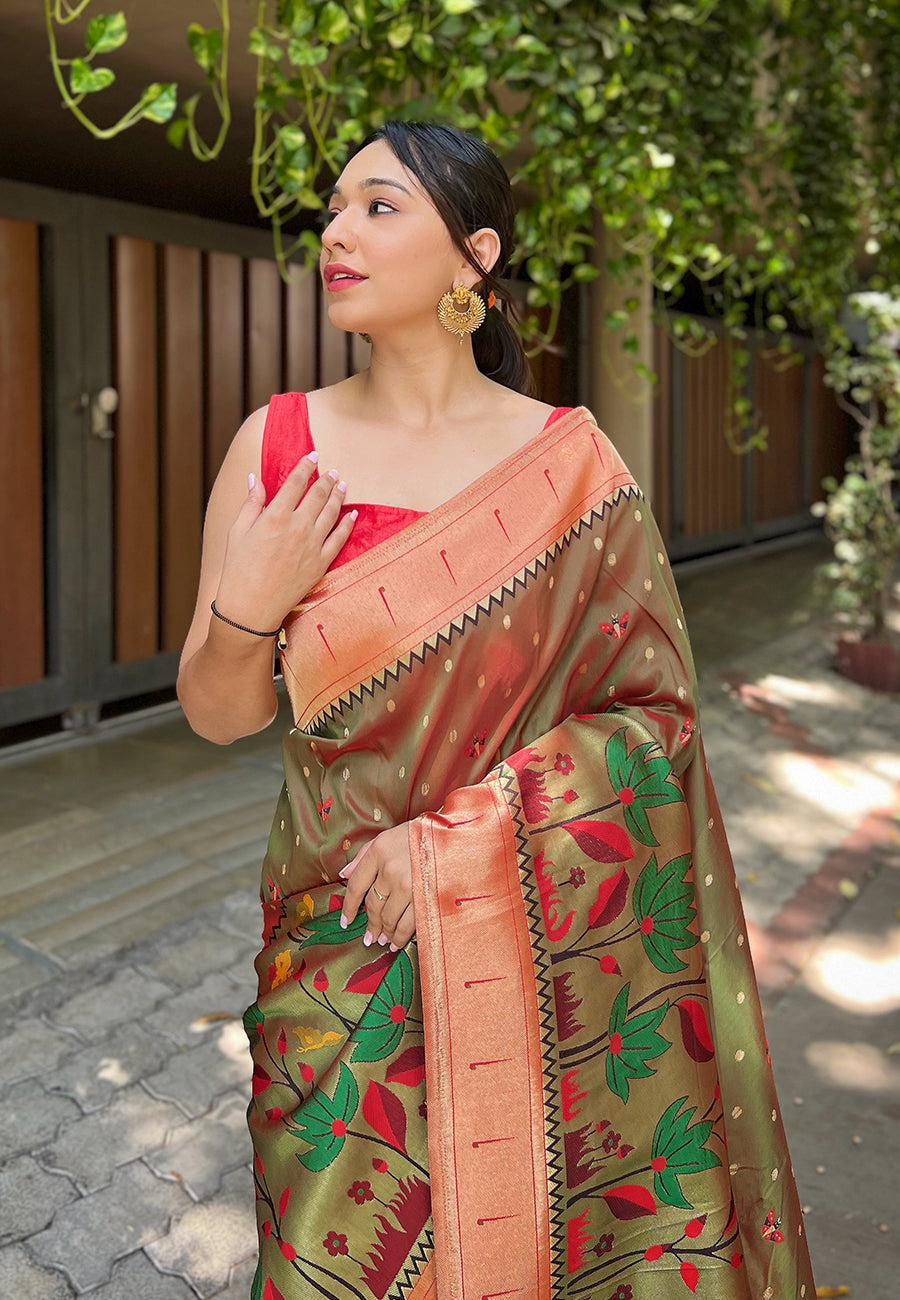 MySilkLove Metal Green Zari Woven Titli Royal Paithani Silk Saree