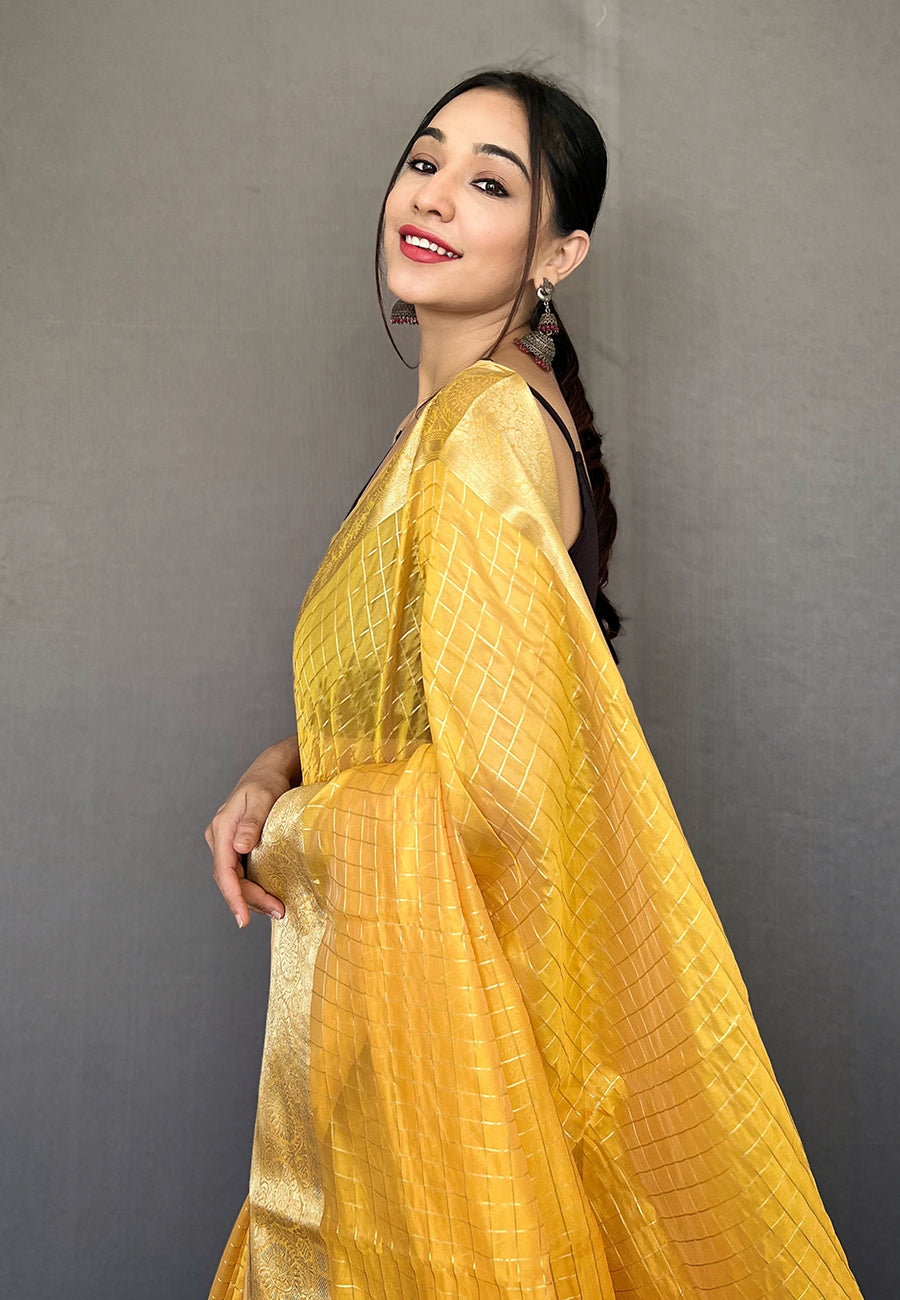 Buy MySilkLove Old Gold Yellow Zari Woven Organza Checks Saree Online