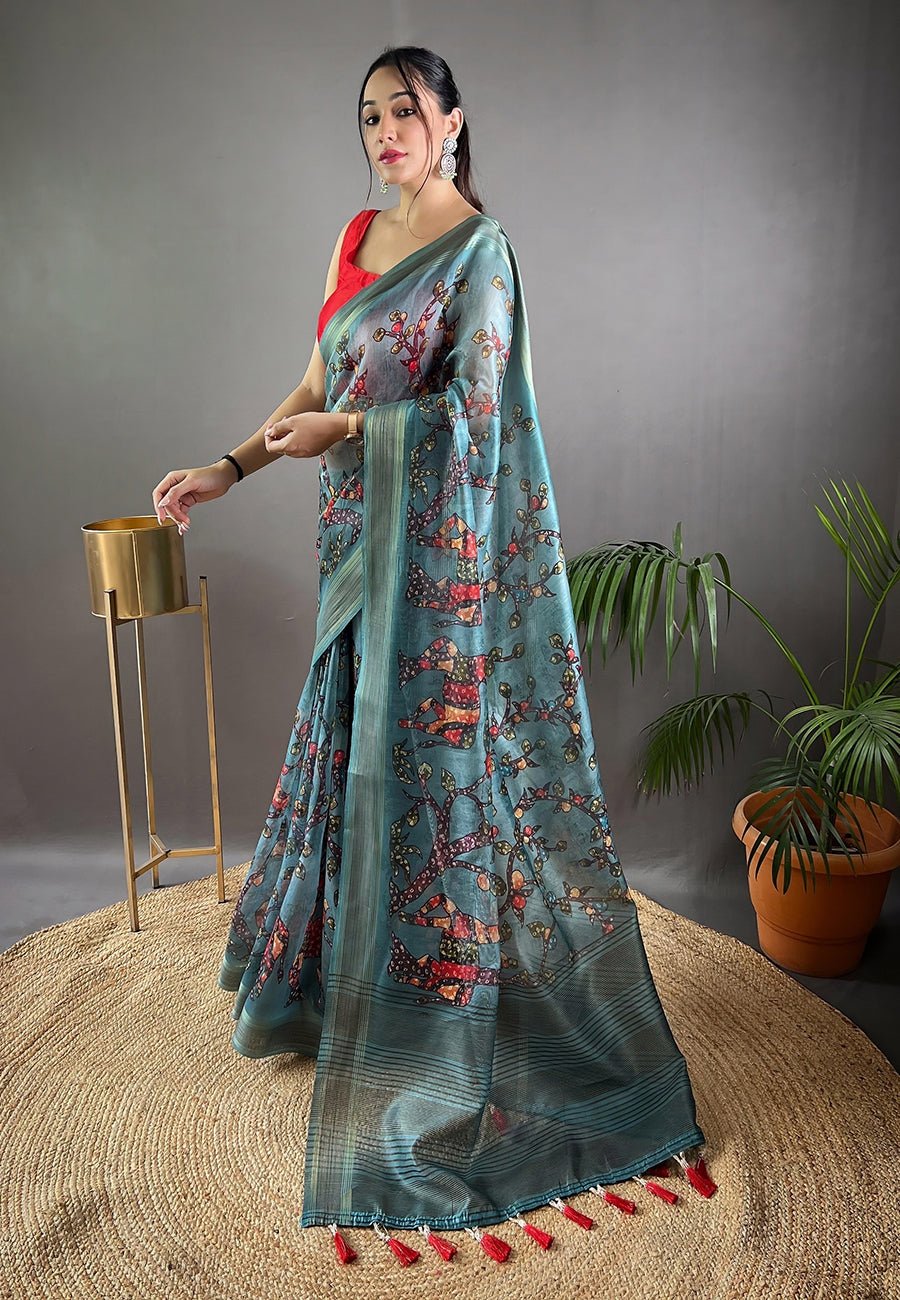 Buy MySilkLove Edgewater Blue Cotton Kalamkari Printed Saree Online