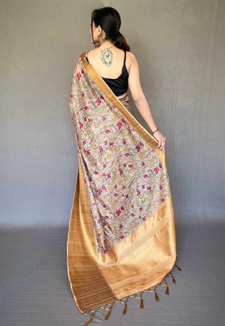 Buy MySilkLove Cashmere Brown Zari Woven Cotton Kalamkari Digital Printed Saree Online