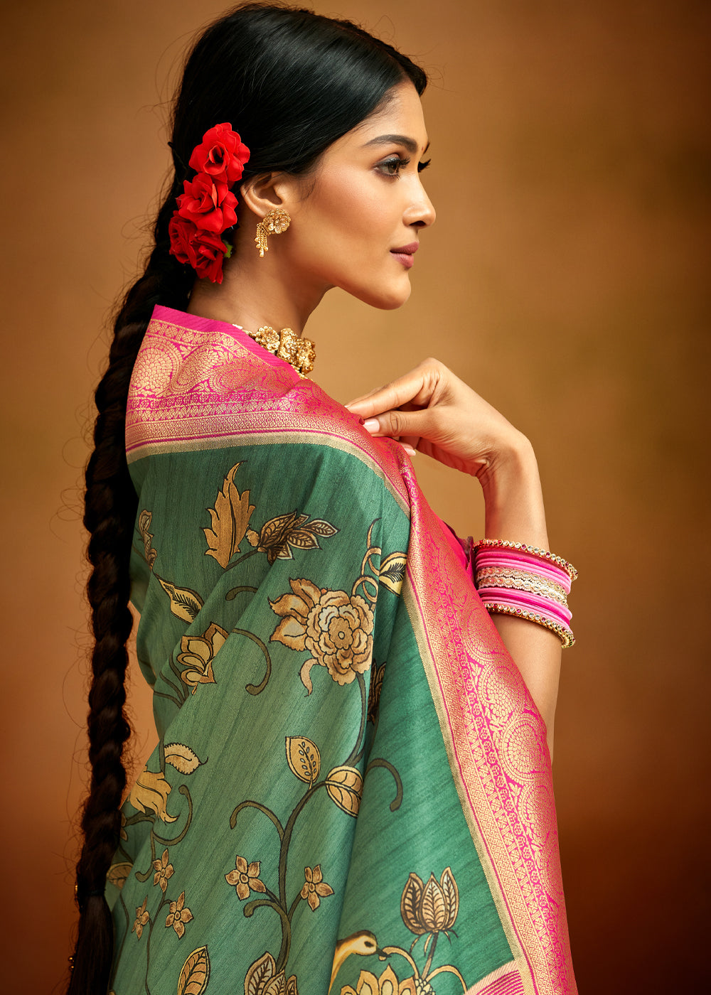 Buy MySilkLove Tom Thumb Green Woven Banarasi Kalamkari Silk Saree Online