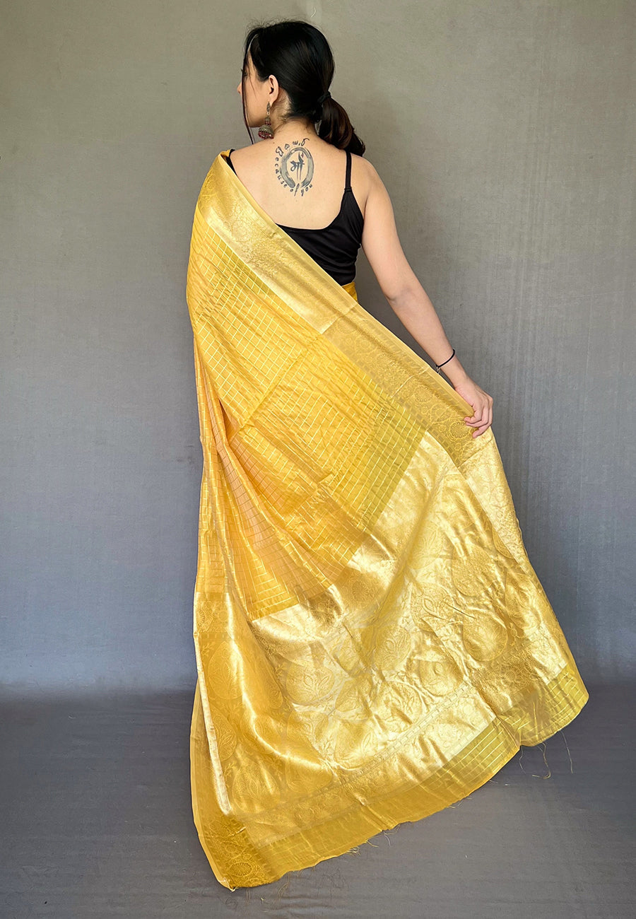 Buy MySilkLove Old Gold Yellow Zari Woven Organza Checks Saree Online