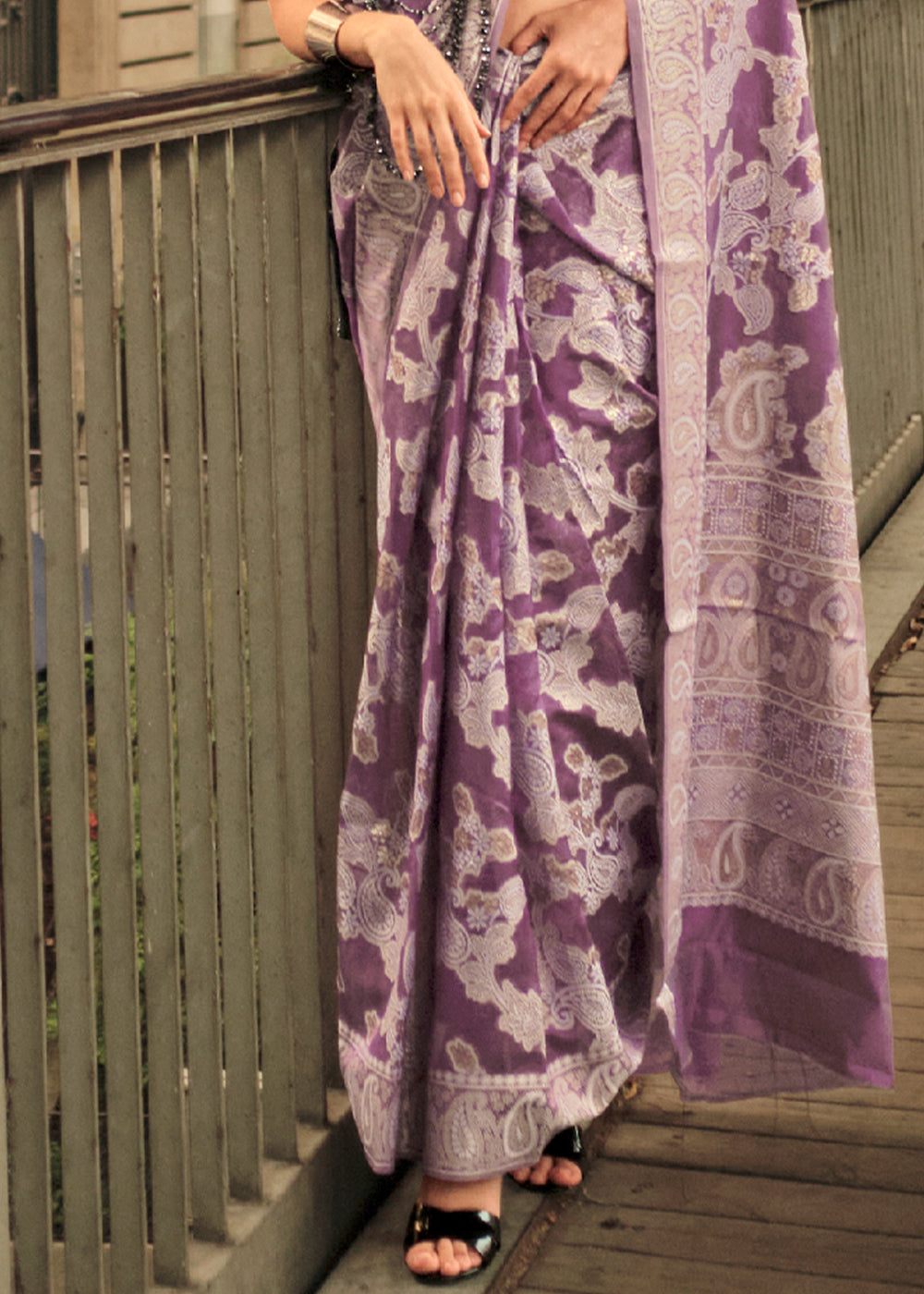 Buy MySilkLove Sugar Plum Purple Woven Lucknowi Chikankari Saree Online