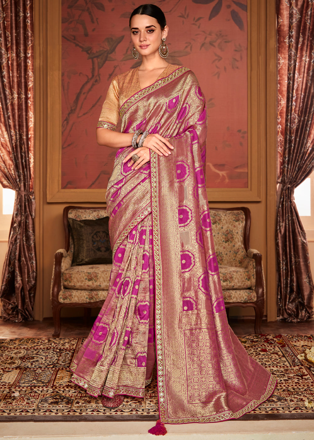 Buy MySilkLove Hibiscus Pink Woven Banarasi Designer Silk Saree With Embroidered Blouse Online