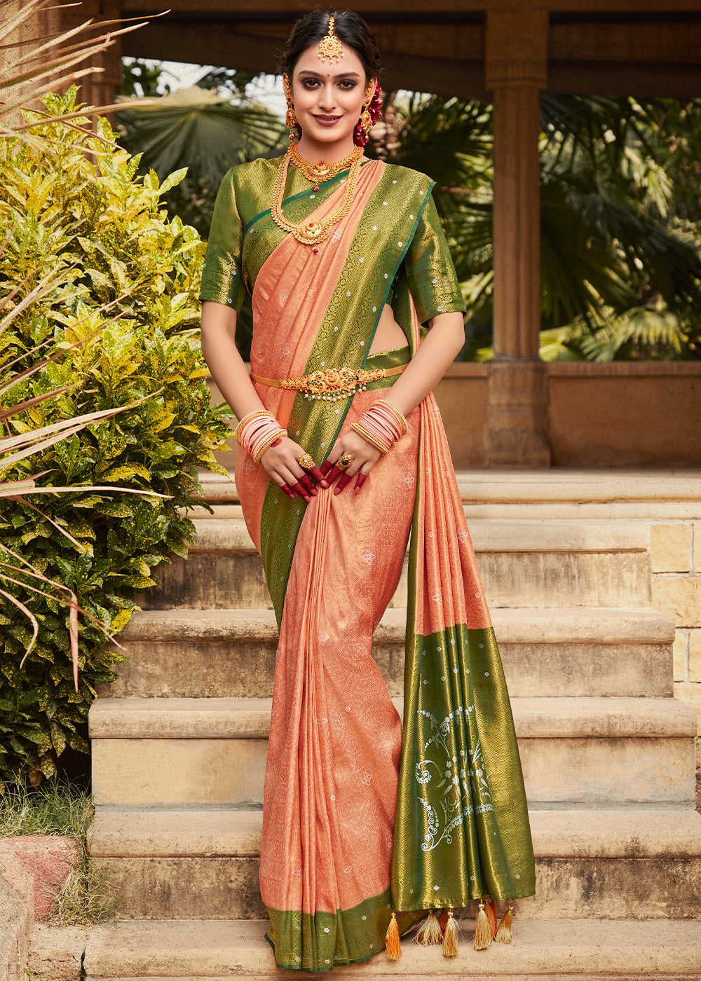 Buy MySilkLove Mona Lisa Peach and Green Woven Kanjivaram Silk Saree Online