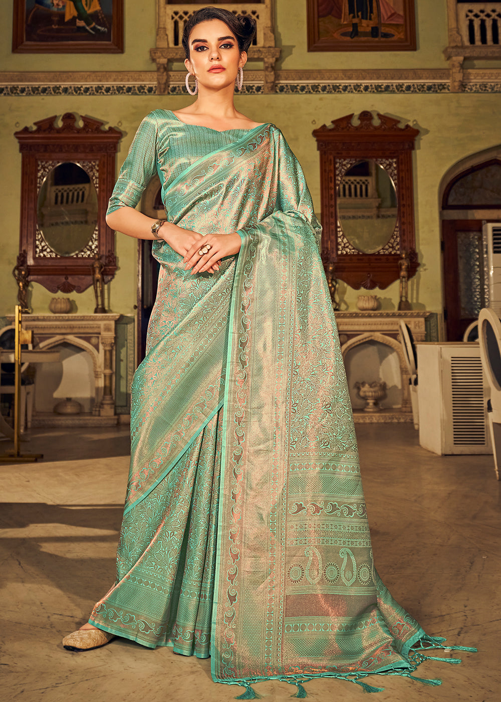 Buy MySilkLove Deco Green Dual Tone Kanjivaram Silk Saree Online