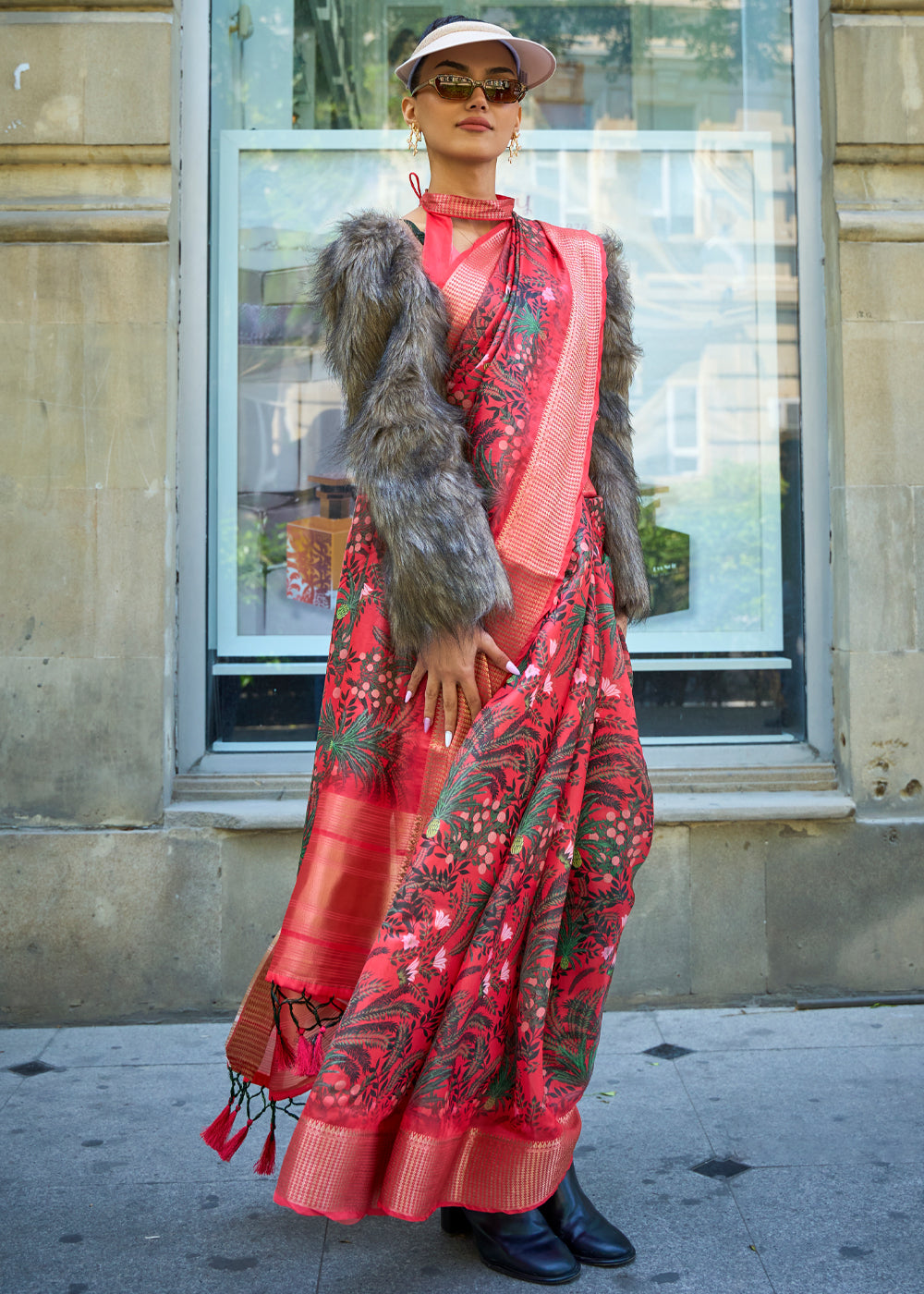 Buy MySilkLove Brick Red Organza Printed Satin Silk Saree Online