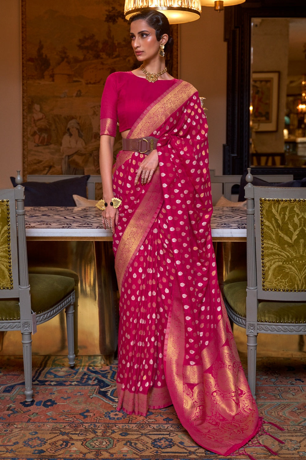 Buy MySilkLove Cerise Pink Copper Zari Pure Banarasi Saree Online