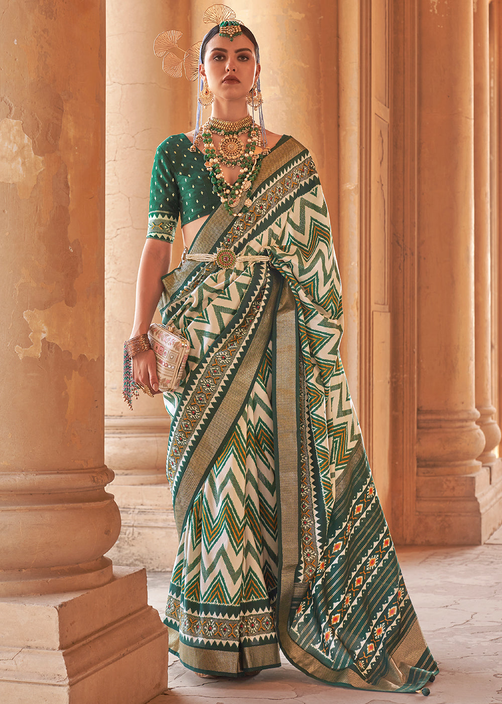 Buy MySilkLove Hemlock Green Designer Printed Patola Silk Saree Online