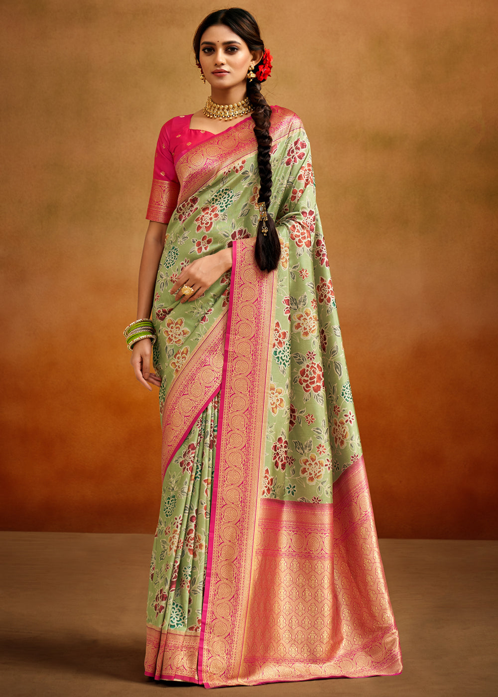 Buy MySilkLove Barley Corn Green Woven Banarasi Kalamkari Silk Saree Online