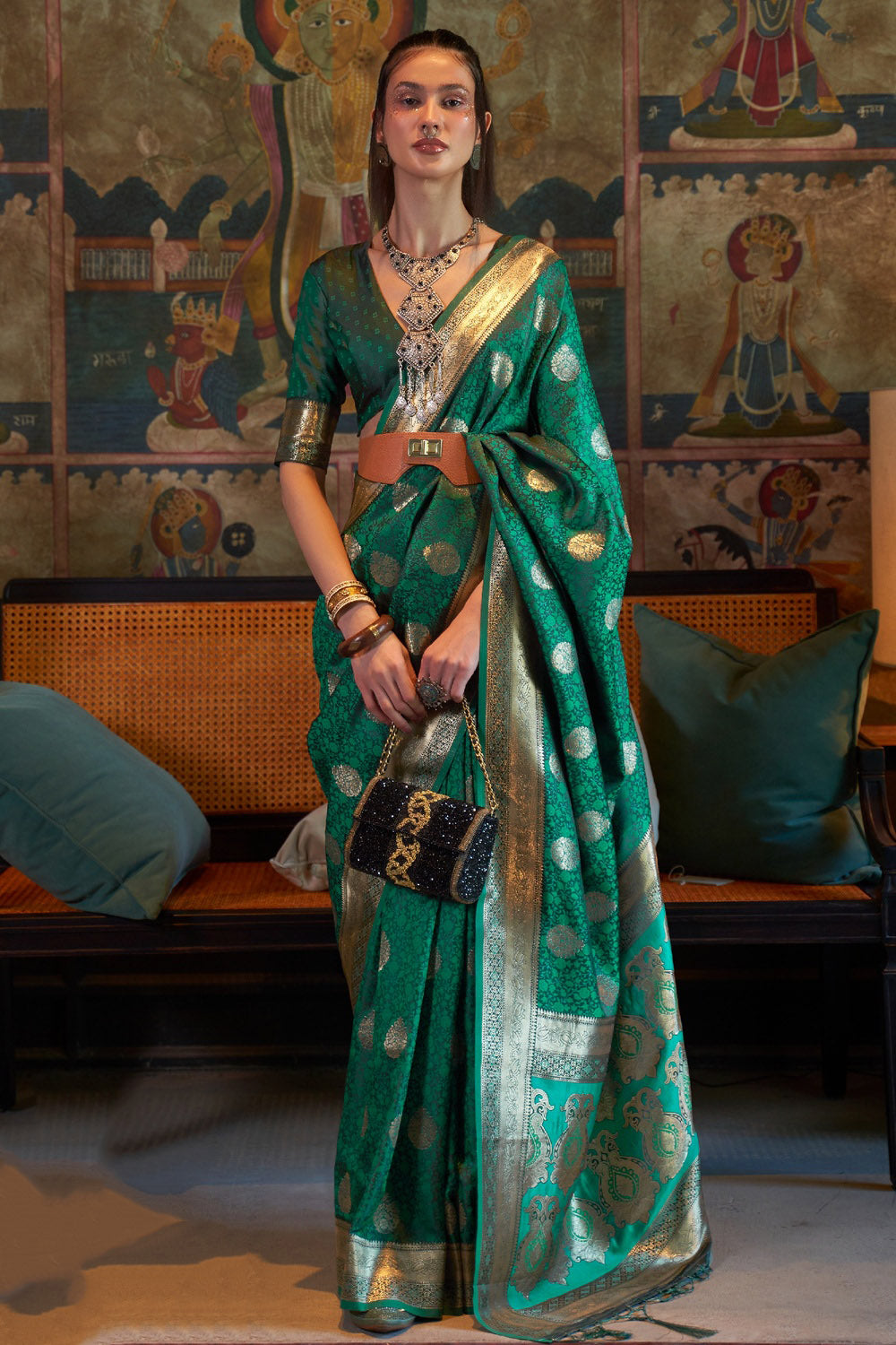 Buy MySilkLove Elf Green Satin Handloom Silk Saree Online