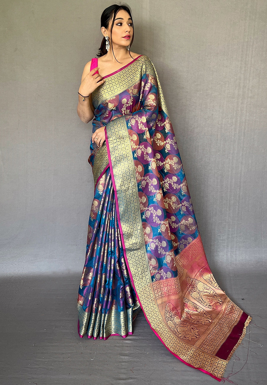 Buy MySilkLove Fiord Purple Organza Multicolor Contrast Zari Woven Saree Online