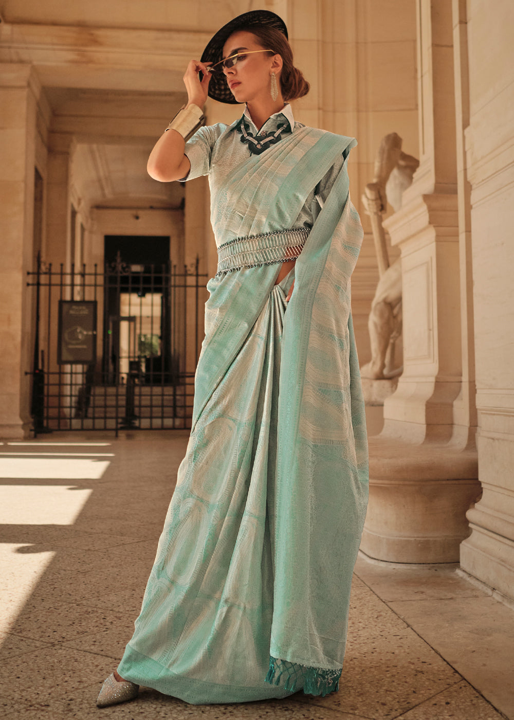 Buy MySilkLove Norway Green Woven Kanjivaram Satin Silk Saree Online