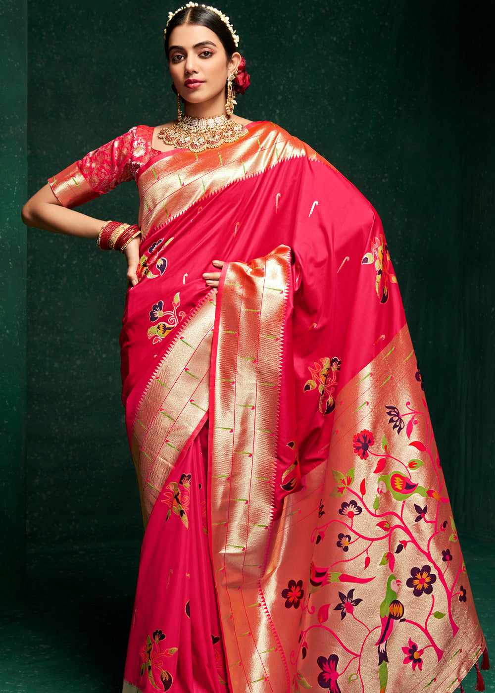 Buy MySilkLove Fiery Rose Pink Woven Paithani Silk Saree With Brocade Blouse Online