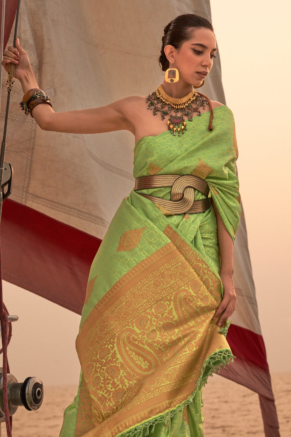 MySilkLove Clover Green Woven Satin Handloom Silk Saree