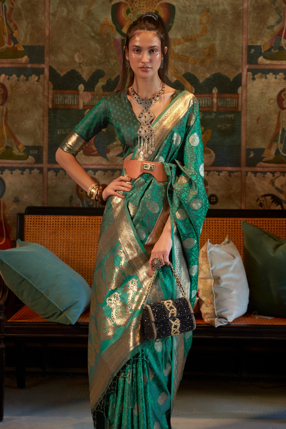 Buy MySilkLove Elf Green Satin Handloom Silk Saree Online