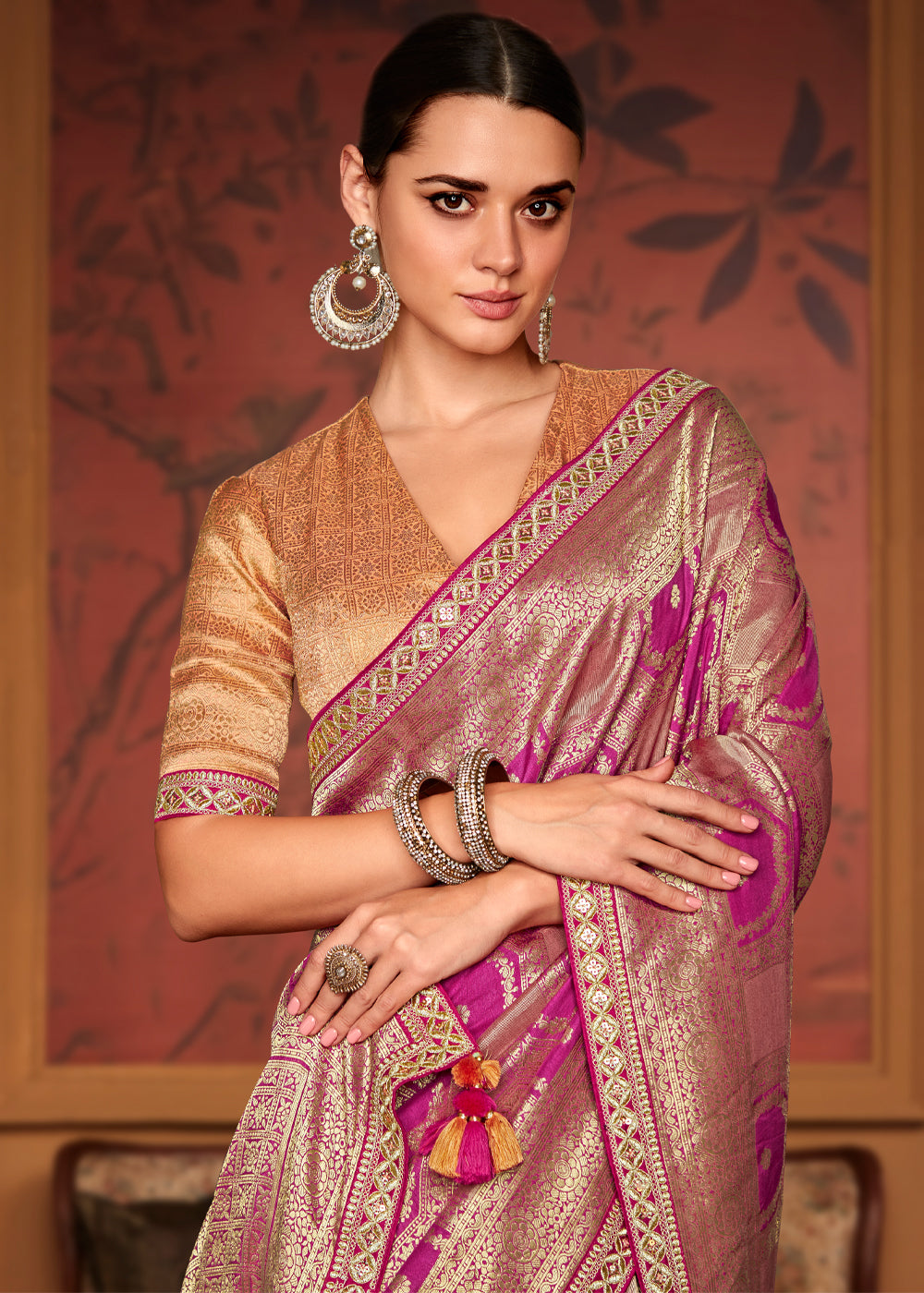 Buy MySilkLove Hibiscus Pink Woven Banarasi Designer Silk Saree With Embroidered Blouse Online