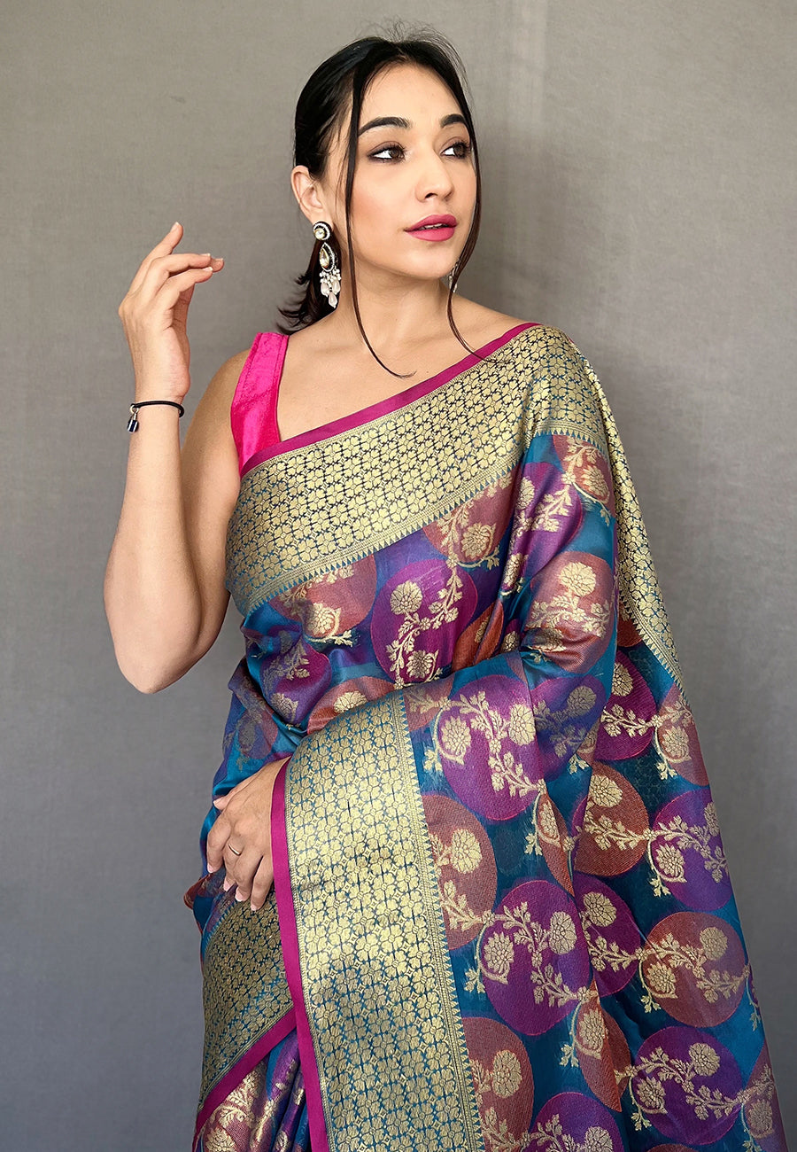 Buy MySilkLove Fiord Purple Organza Multicolor Contrast Zari Woven Saree Online