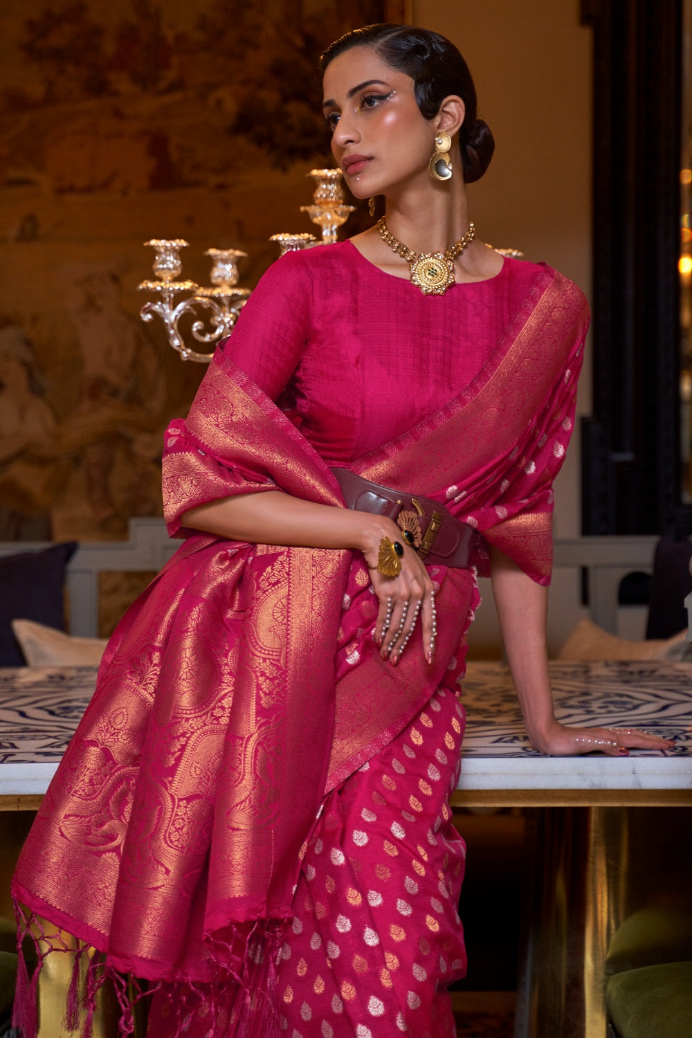 Buy MySilkLove Cerise Pink Copper Zari Pure Banarasi Saree Online