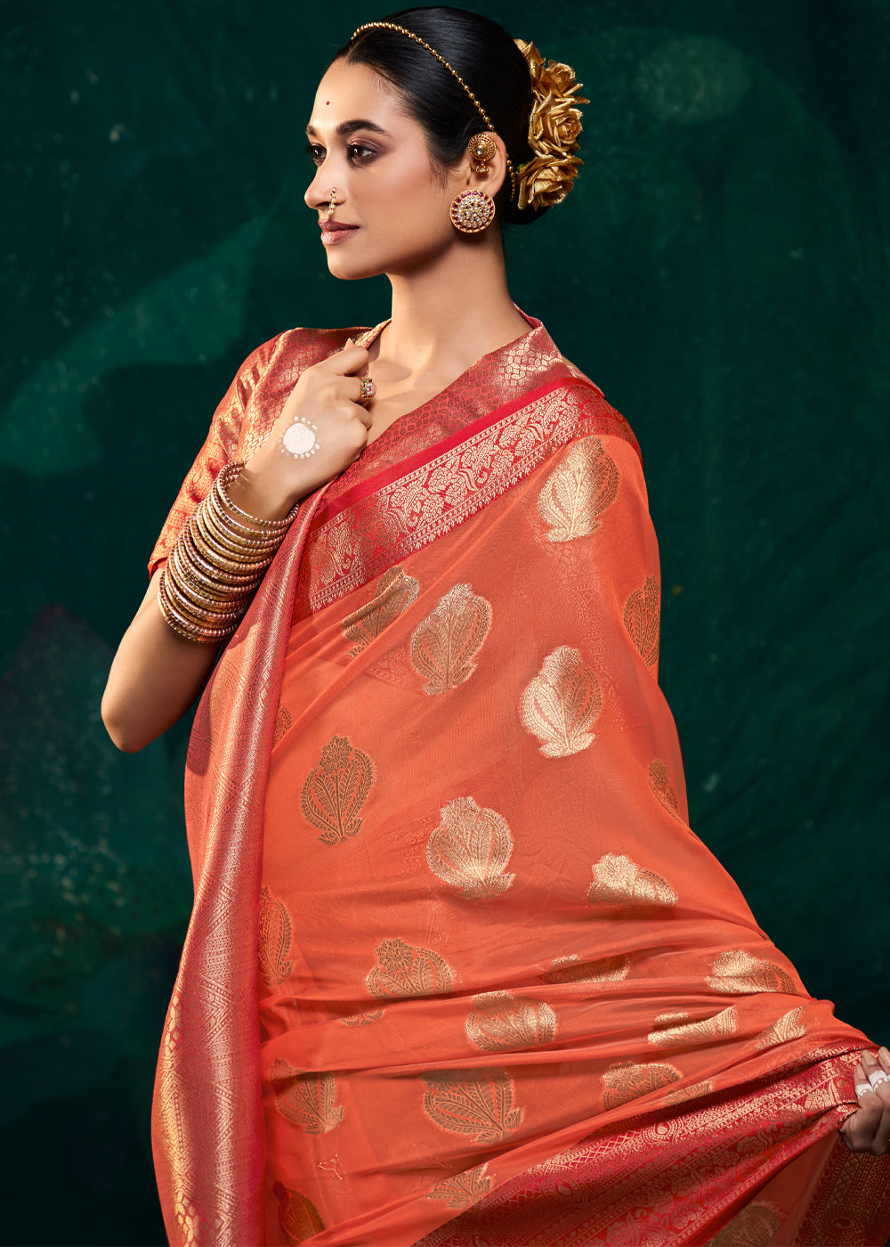 Buy MySilkLove Jelly Bean Orange Woven Banarasi Organza Silk Saree Online