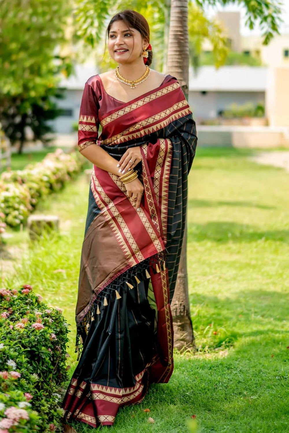 Buy MySilkLove Heavy Metal Black and Maroon Woven Tussar Silk Saree Online