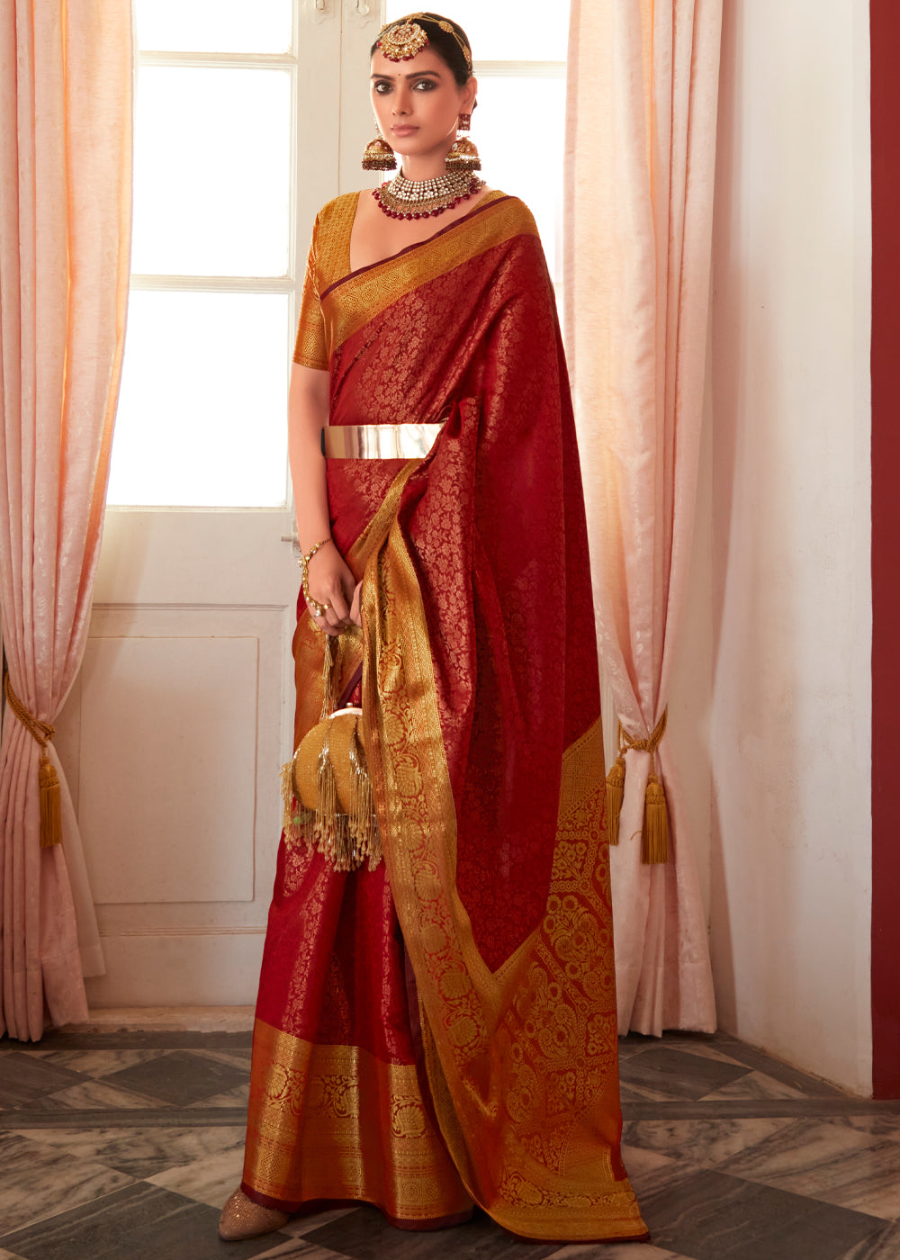 Buy MySilkLove Smokey Topaz Red Bronze Zari Woven Kanjivaram Silk Saree Online