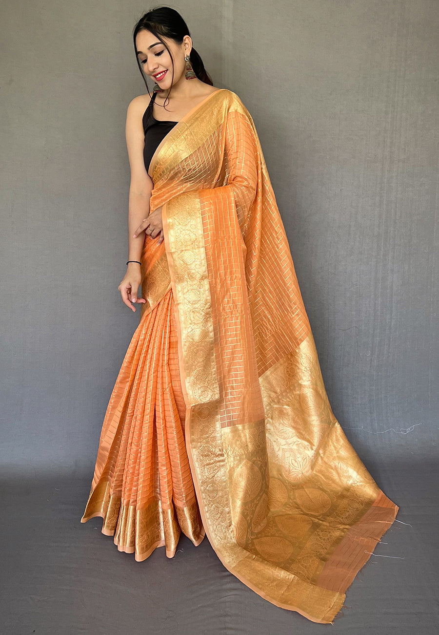 Buy MySilkLove Jaffa Orange Zari Woven Organza Checks Saree Online
