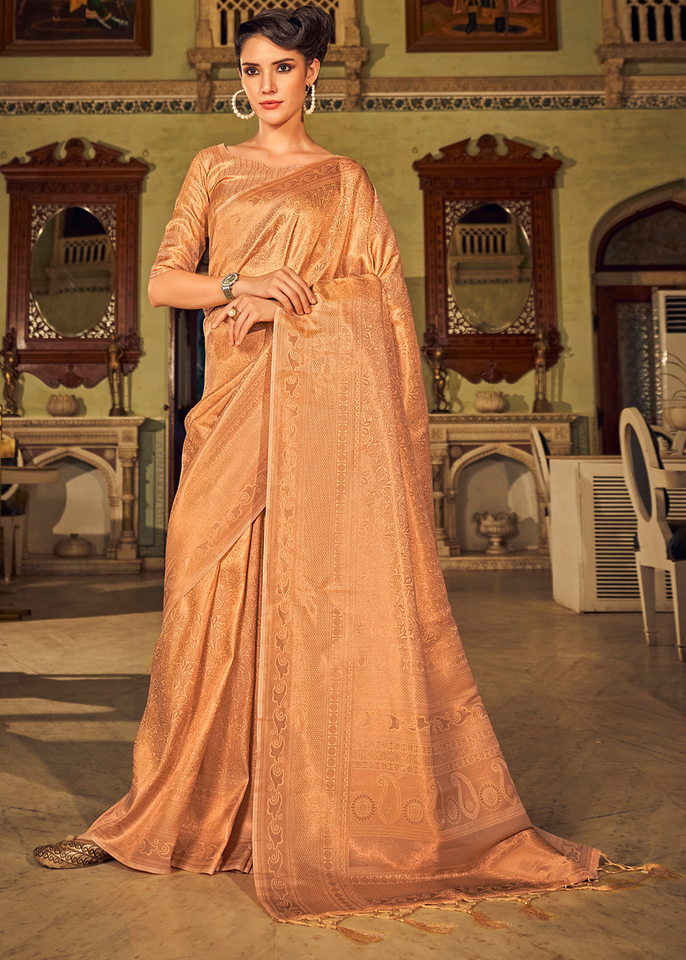 Buy MySilkLove Peach Orange Dual Tone Kanjivaram Silk Saree Online