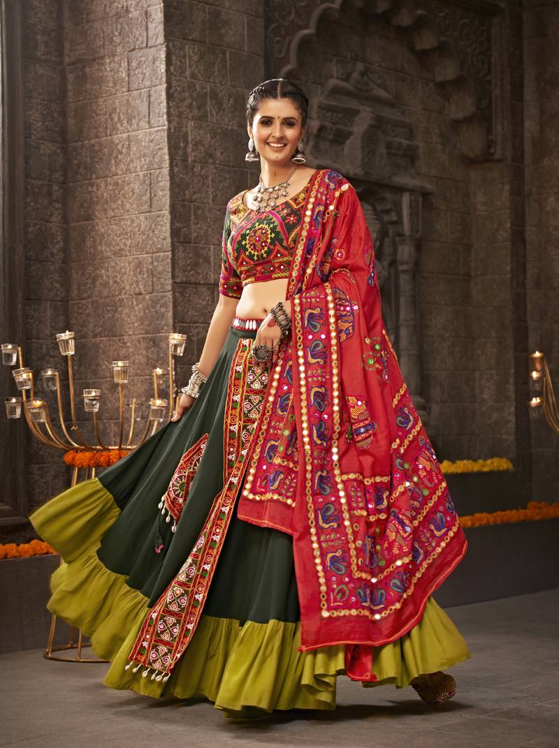 MySilkLove Kelp Green and Red Lehenga Choli