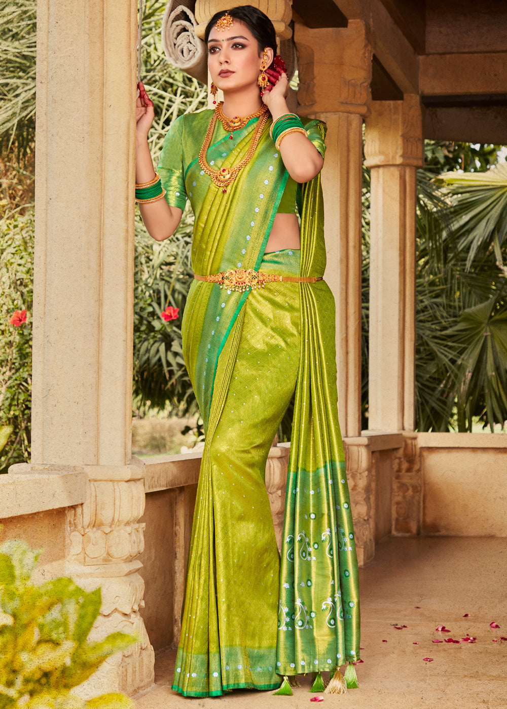 Buy MySilkLove Bird Flower Green Woven Kanjivaram Silk Saree Online