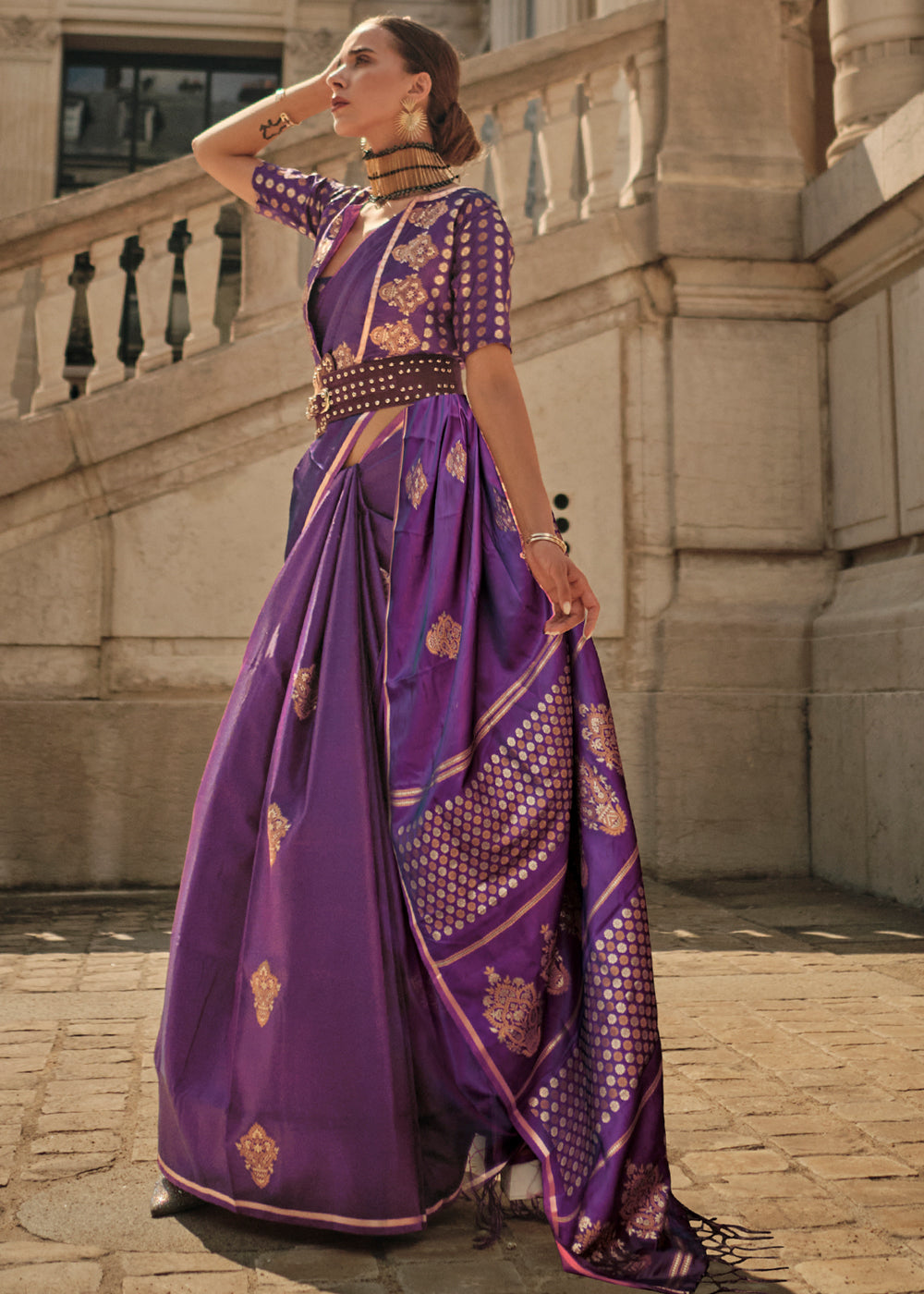 purple banarasi dress Purple Banarasi dreams In a rich Banarasi lehenga paired with a short closed jacket in double matka fabric, detailed with jardoshi work that gives a timeless royal touch. Available in-store