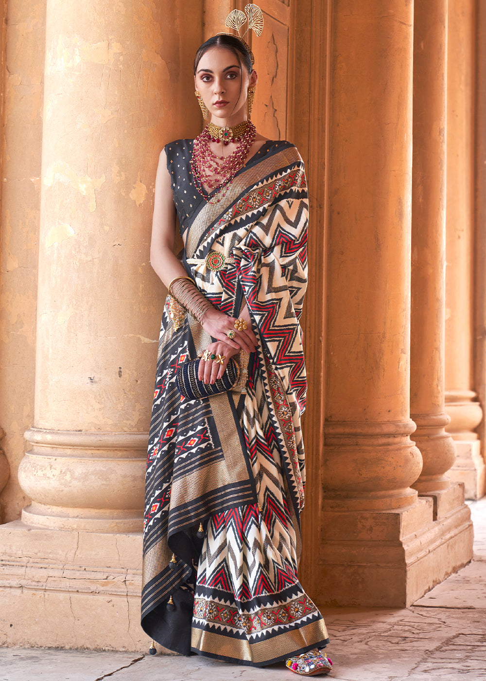 Buy MySilkLove Saddle Black and White Designer Printed Patola Silk Saree Online