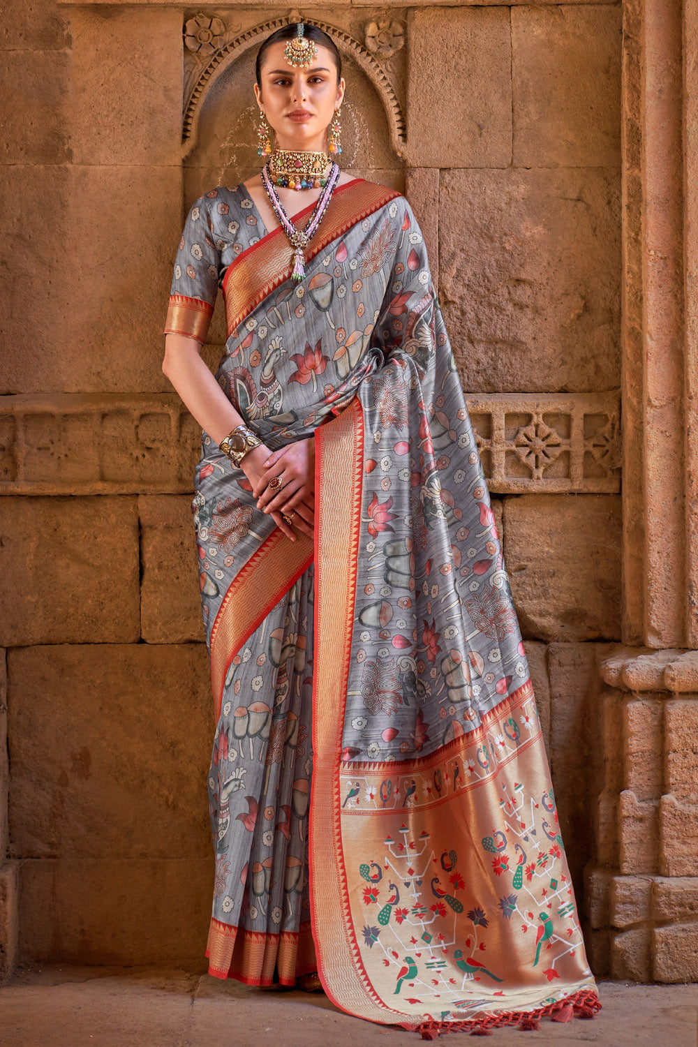 Buy MySilkLove Spun Pearl Grey Digital Printed Paithani Silk Saree Online