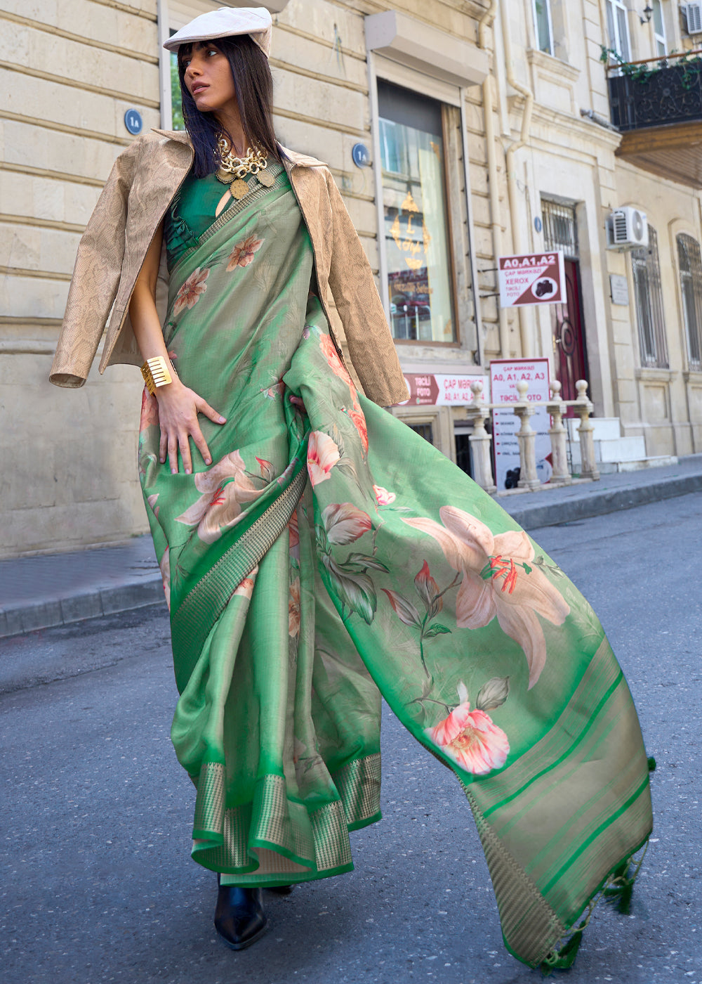 Buy MySilkLove Norway Green Organza Printed Satin Silk Saree Online