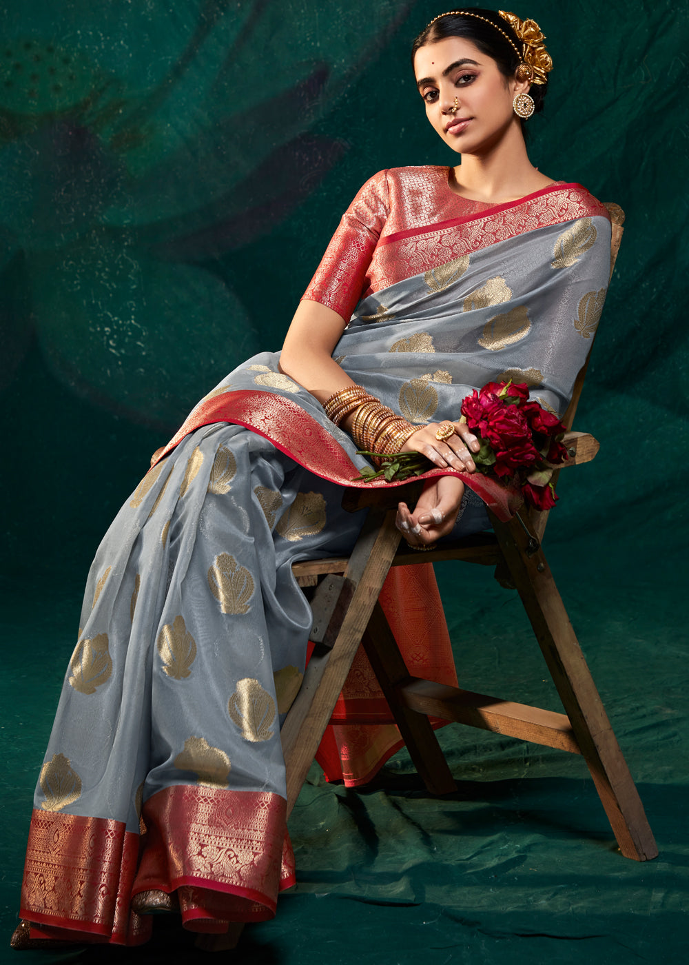 Buy MySilkLove Manatee Grey Woven Banarasi Organza Silk Saree Online