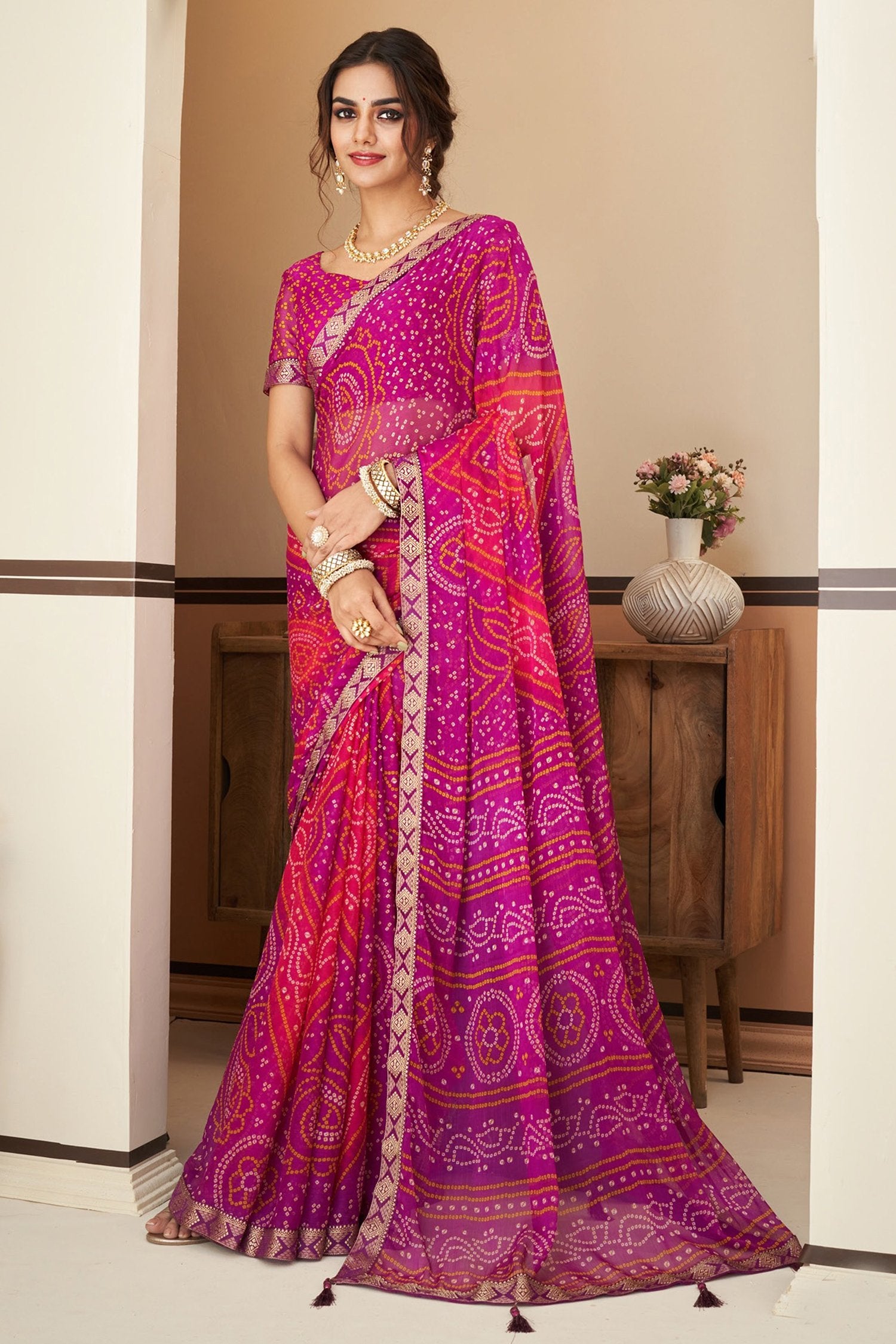 Buy MySilkLove Pink Sherbert Chiffon Bandhani saree Online