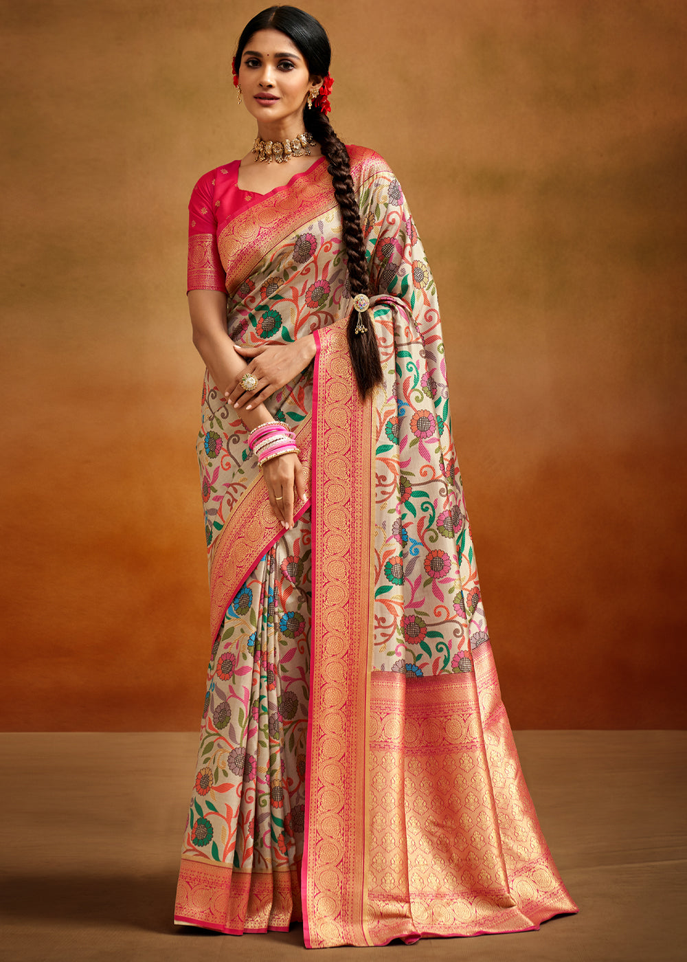 Buy MySilkLove Yuma Cream and Pink Woven Banarasi Kalamkari Silk Saree Online