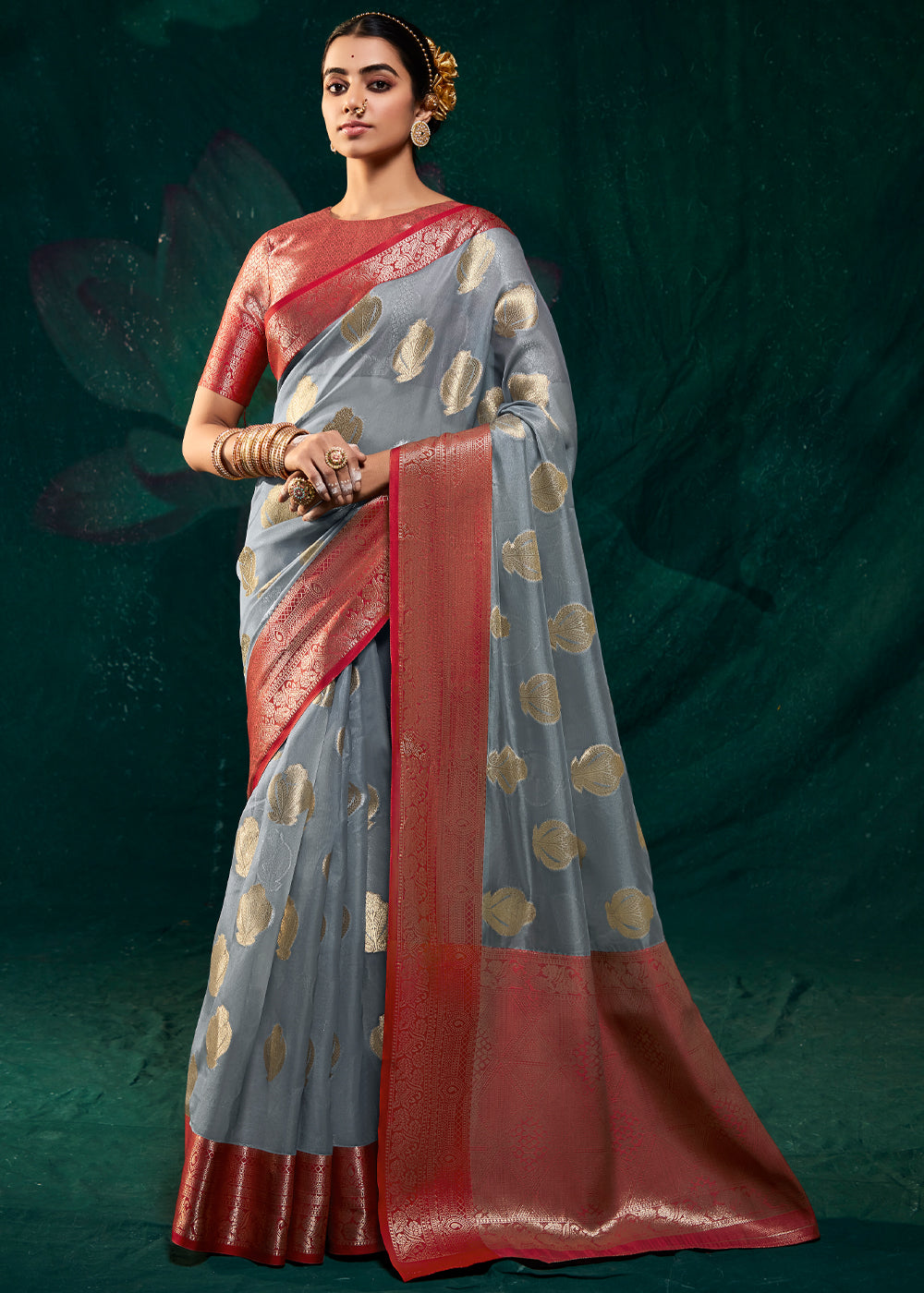 Buy MySilkLove Manatee Grey Woven Banarasi Organza Silk Saree Online