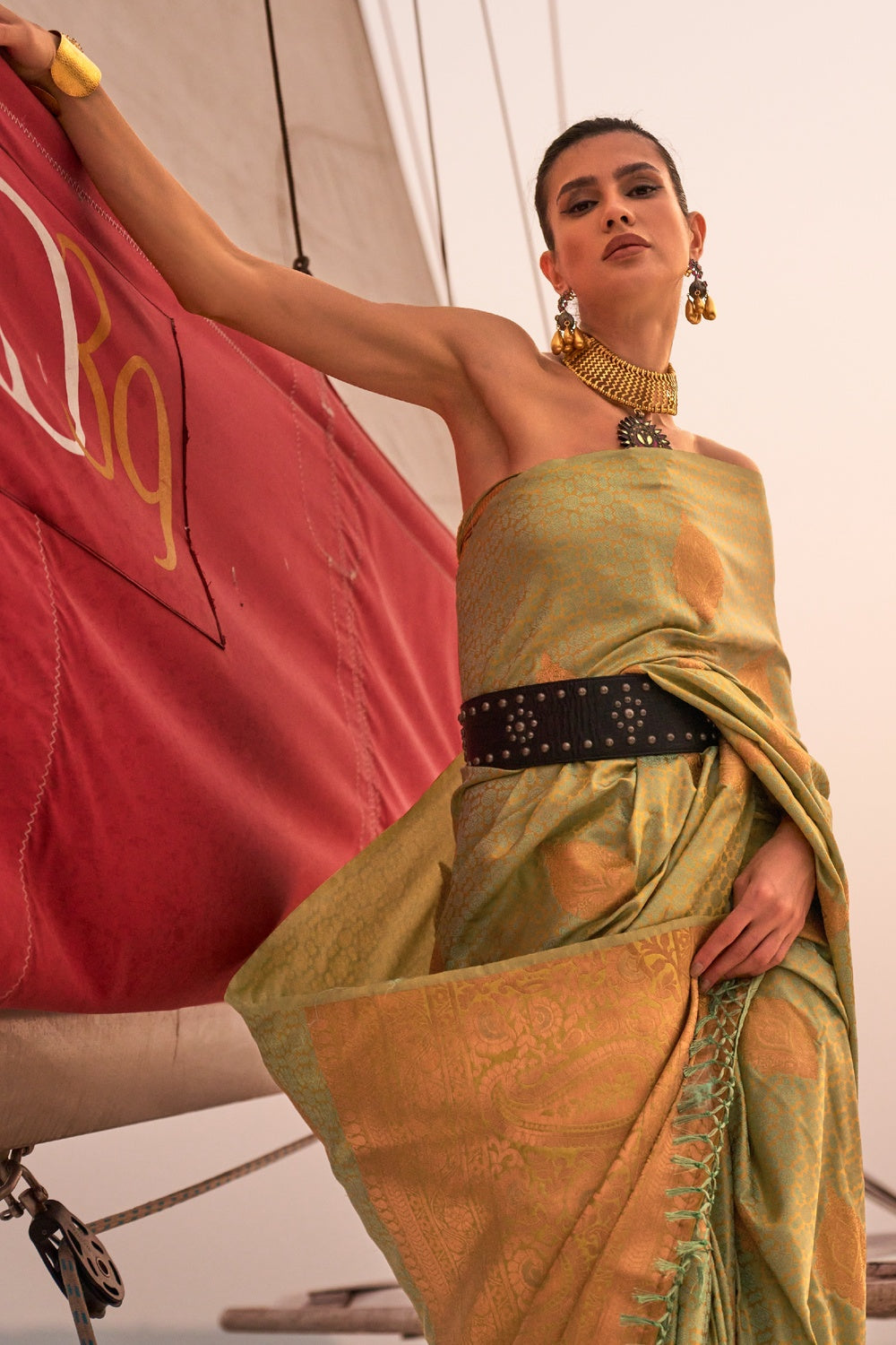 MySilkLove Peridot Green Woven Satin Handloom Silk Saree