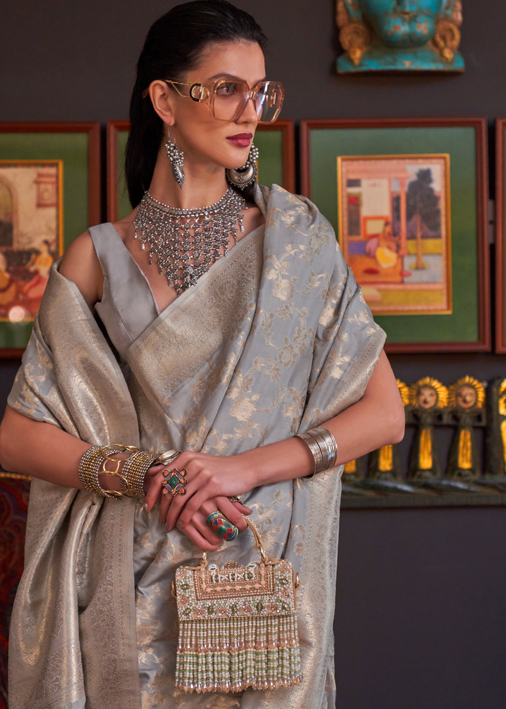 Buy MySilkLove Quick Silver Grey Banarasi Katan Silk Saree Online
