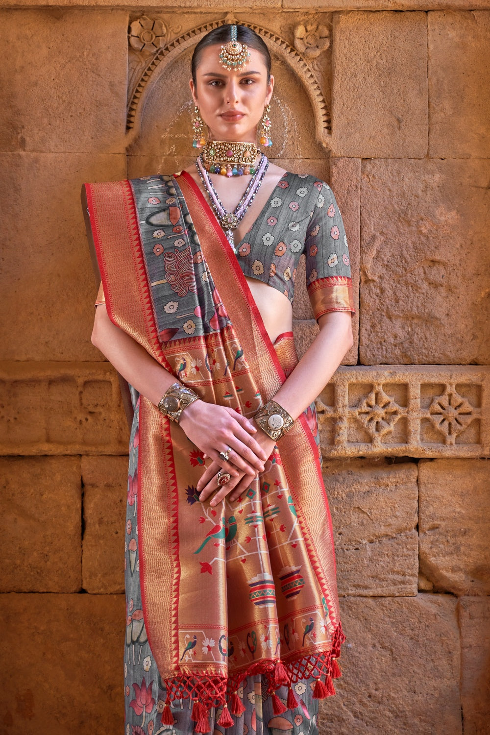 Buy MySilkLove Spun Pearl Grey Digital Printed Paithani Silk Saree Online
