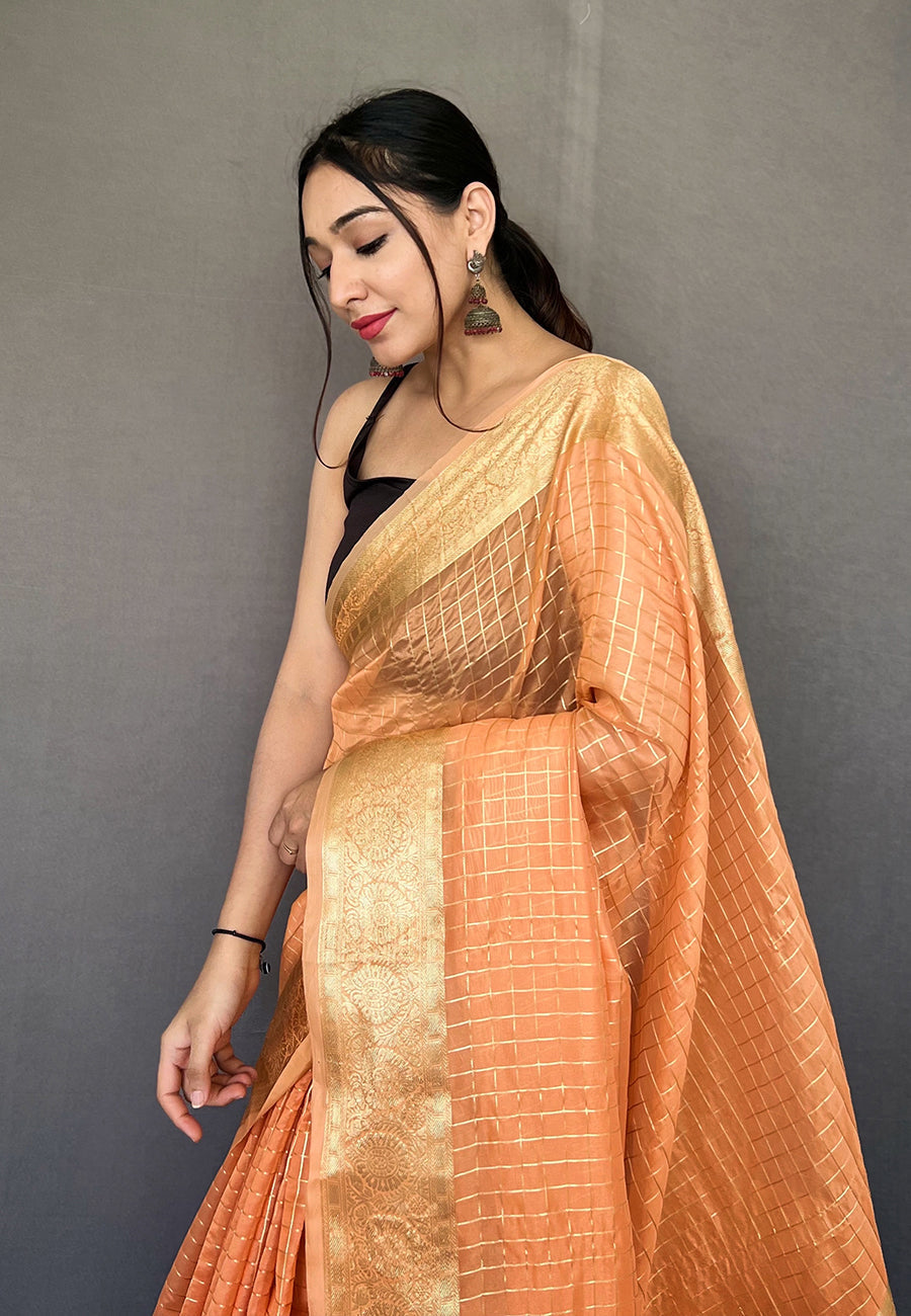 Buy MySilkLove Jaffa Orange Zari Woven Organza Checks Saree Online
