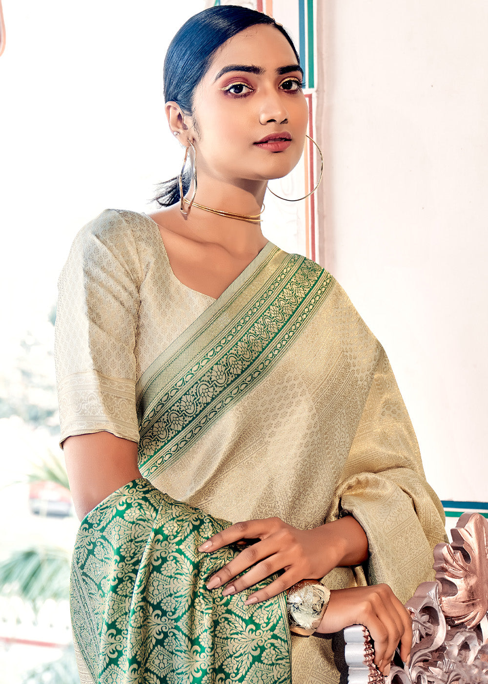 Buy MySilkLove Wheat White and Green Woven Kanjivaram Silk Saree Online