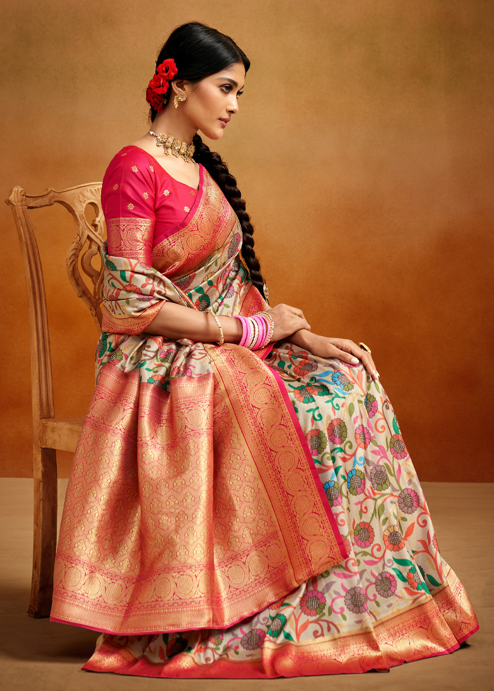 Buy MySilkLove Yuma Cream and Pink Woven Banarasi Kalamkari Silk Saree Online
