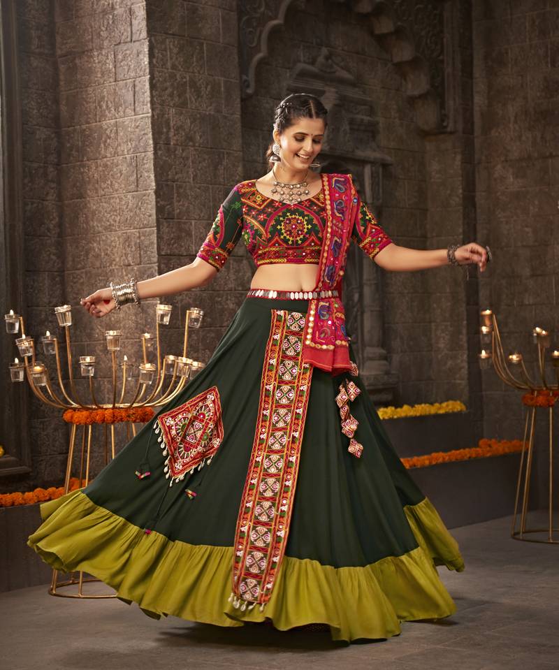 Buy MySilkLove Kelp Green and Red Lehenga Choli Online